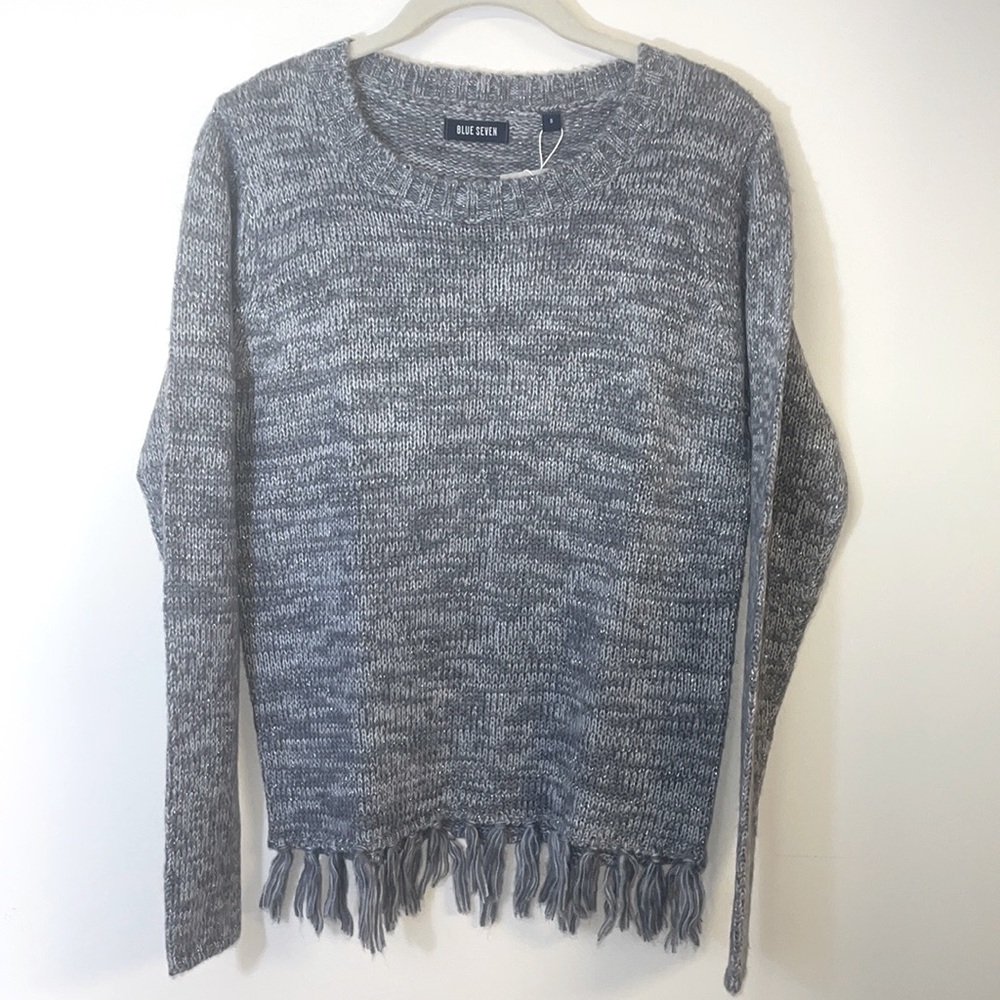 Women’s Crewneck Knit-Sweater, Fringed seam, long sleeve, Small, Blue Seven
